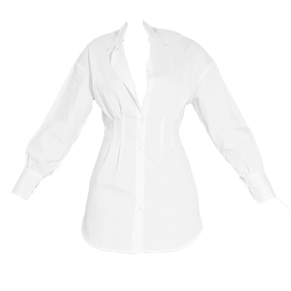 White Fitted Waist Long Sleeve Button Shirt Dress